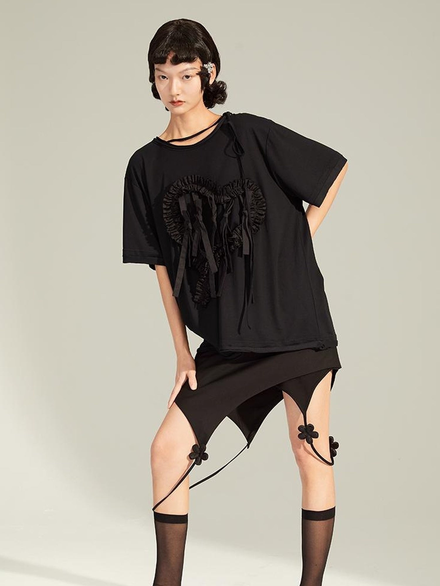 DIDDI MODA Black Floral Asymmetrical Mini Skirt
