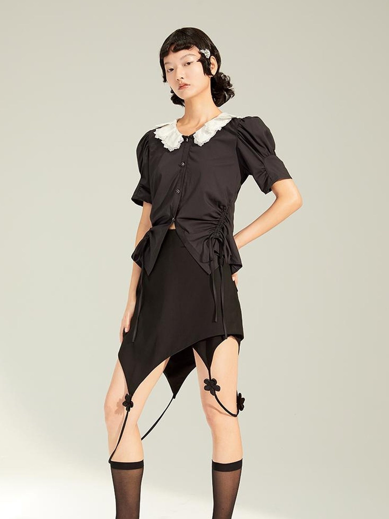 DIDDI MODA Black Floral Asymmetrical Mini Skirt