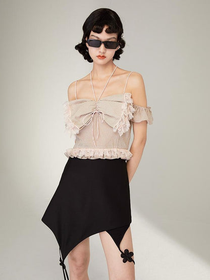 DIDDI MODA Black Floral Asymmetrical Mini Skirt