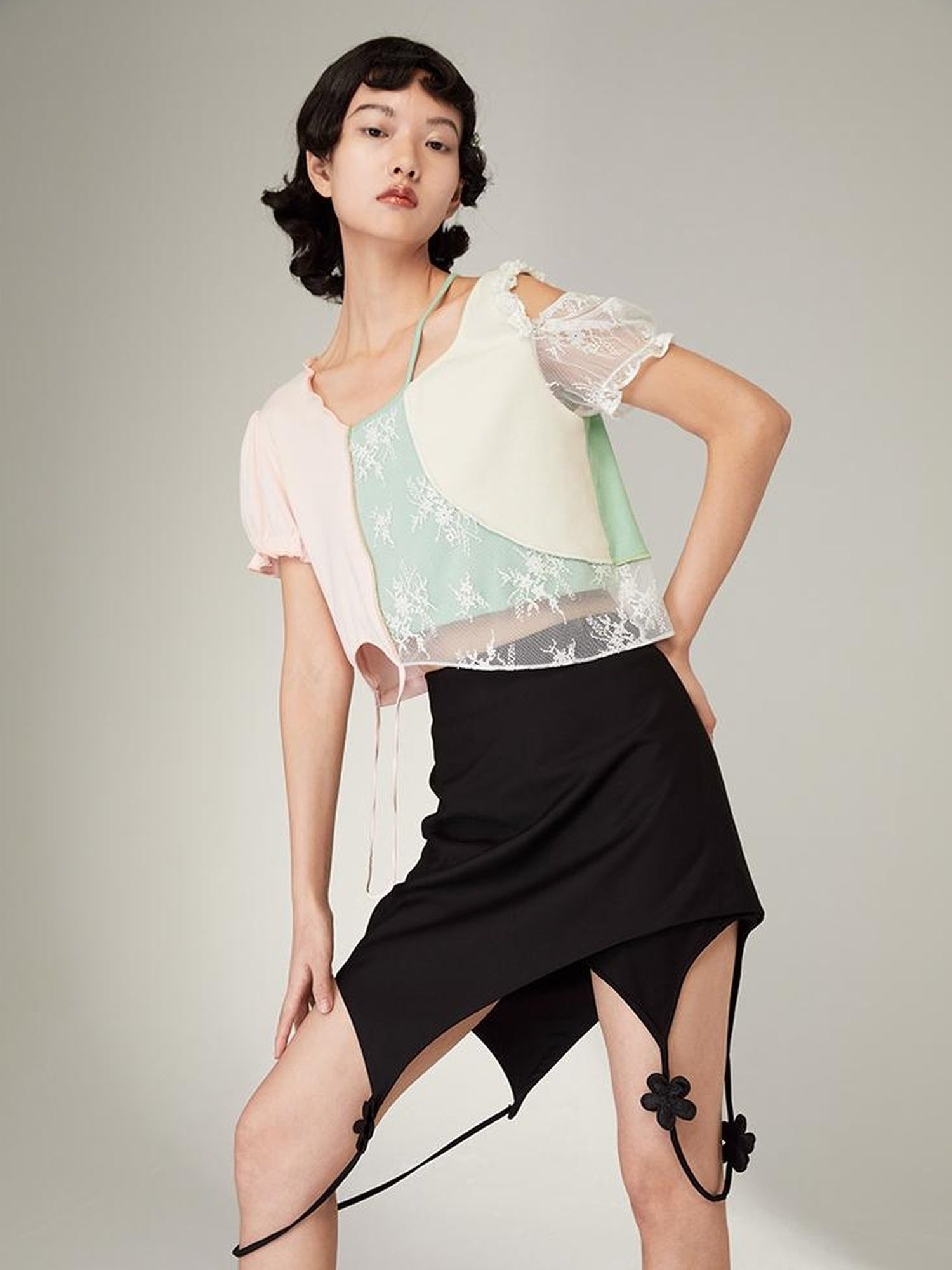 DIDDI MODA Black Floral Asymmetrical Mini Skirt