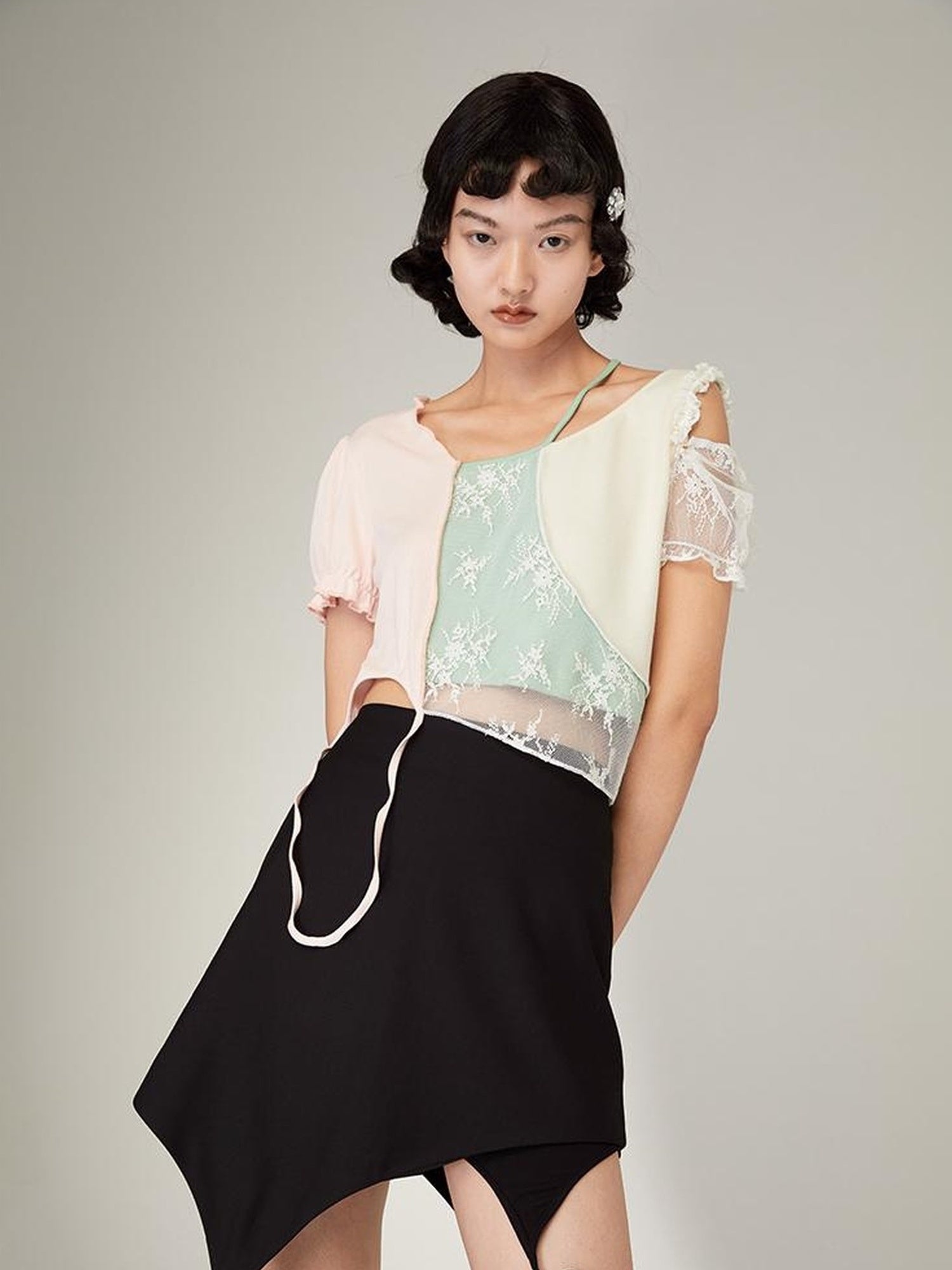 DIDDI MODA Black Floral Asymmetrical Mini Skirt