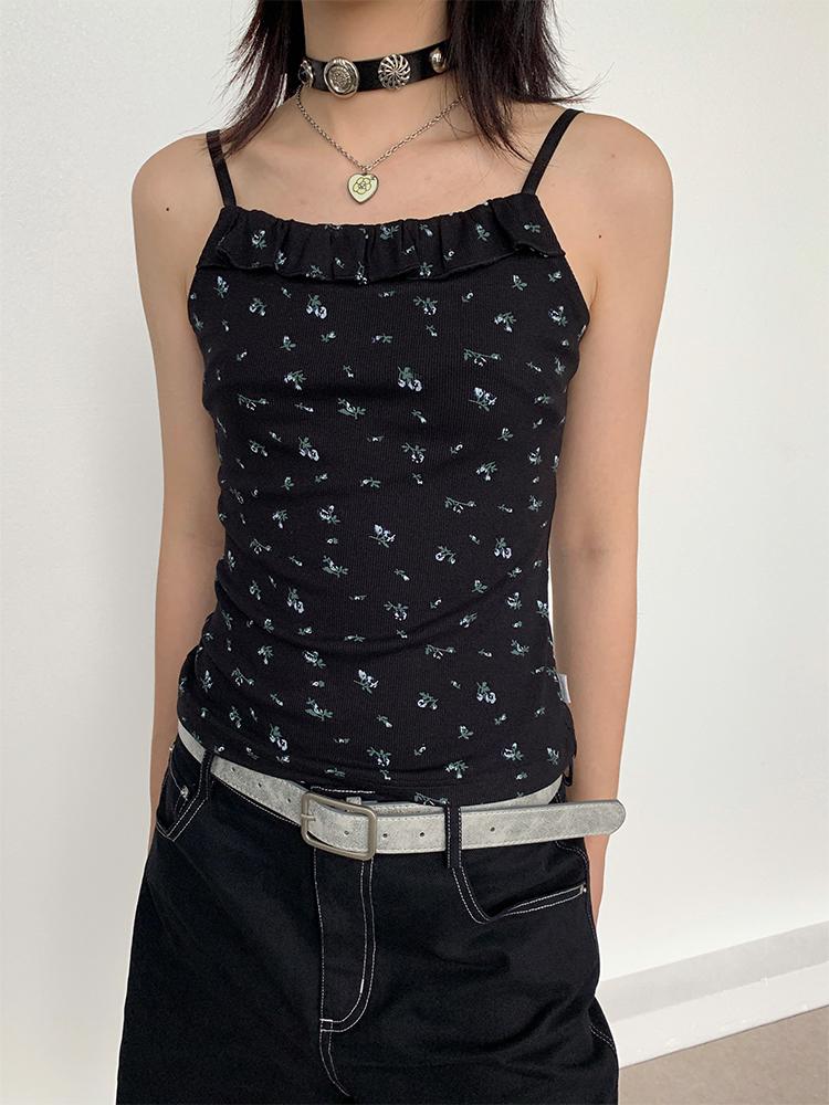 Black Floral Lace Trim Camisole 24SS Basic Casual Vest Tops