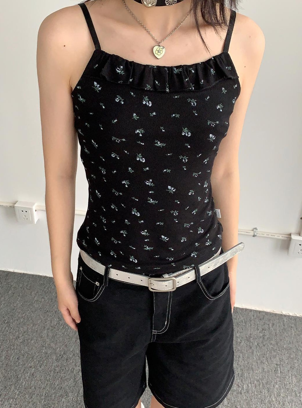 Black Floral Lace Trim Camisole 24SS Basic Casual Vest Tops