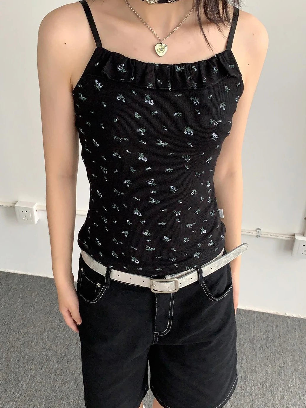 Black Floral Lace Trim Camisole 24Ss Basic Casual Vest Tops