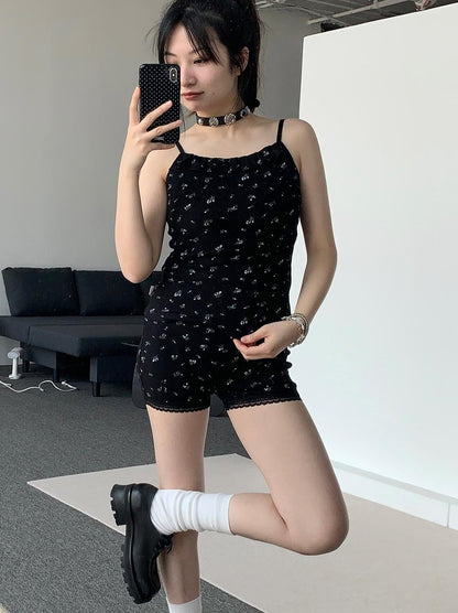 Black Floral Lace Trim Camisole 24SS Basic Casual Vest Tops
