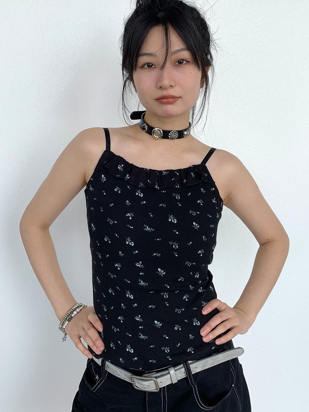 Black Floral Lace Trim Camisole 24SS Basic Casual Vest Tops