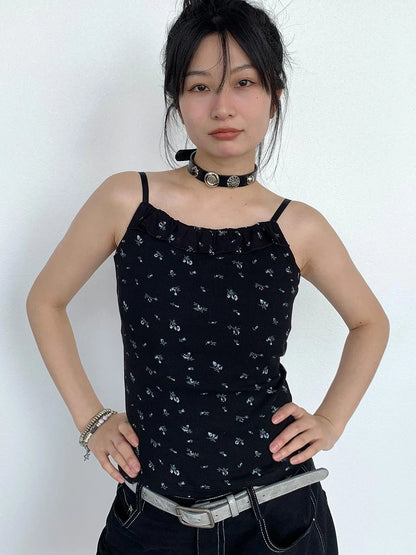 Black Floral Lace Trim Camisole 24Ss Basic Casual Vest Tops