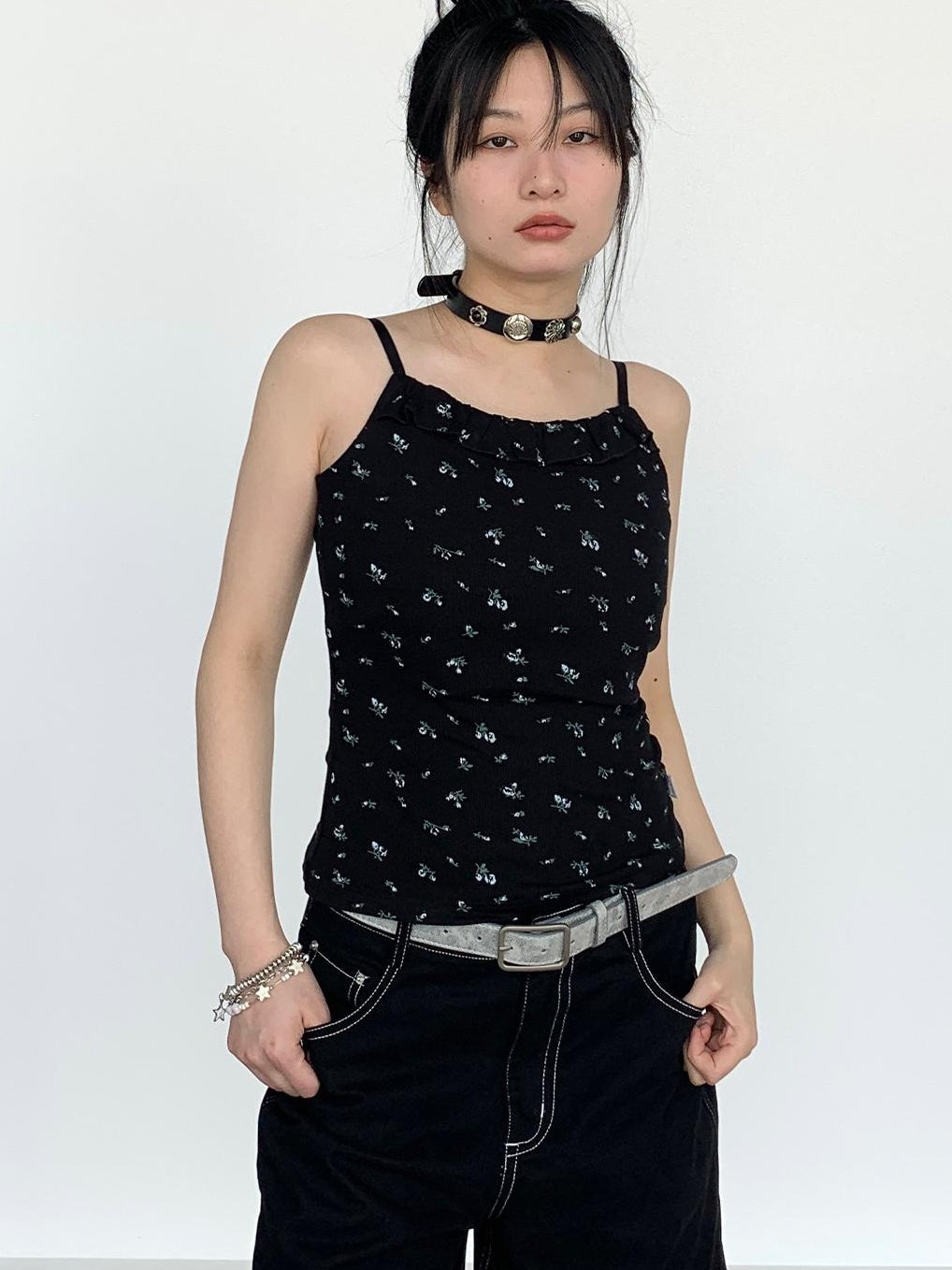 Black Floral Lace Trim Camisole 24SS Basic Casual Vest Tops