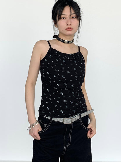 Black Floral Lace Trim Camisole 24SS Basic Casual Vest Tops