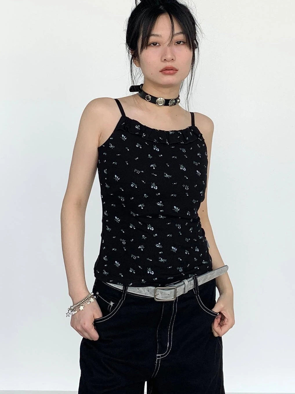 Black Floral Lace Trim Camisole 24Ss Basic Casual Vest Tops