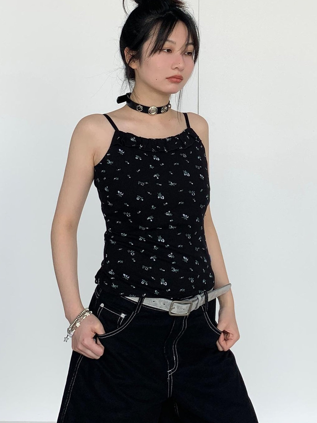 Black Floral Lace Trim Camisole 24SS Basic Casual Vest Tops