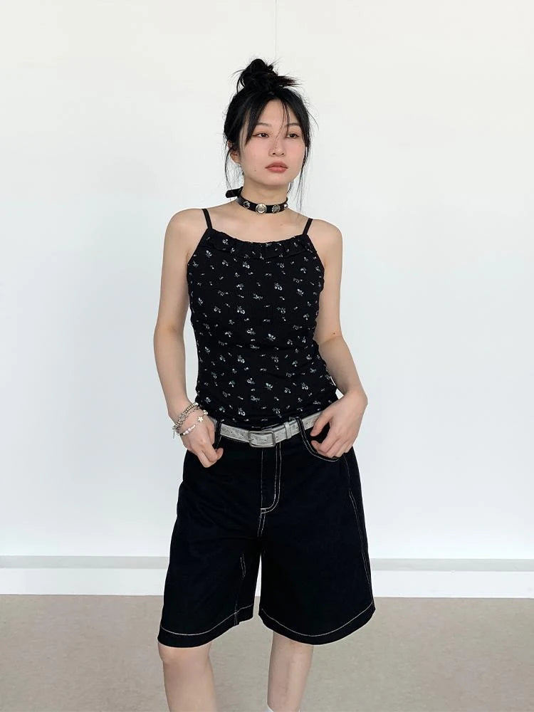 Black Floral Lace Trim Camisole 24Ss Basic Casual Vest Tops