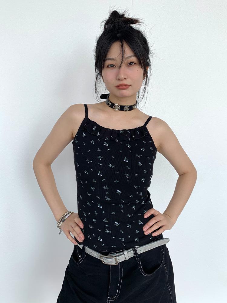 Black Floral Lace Trim Camisole 24SS Basic Casual Vest Tops