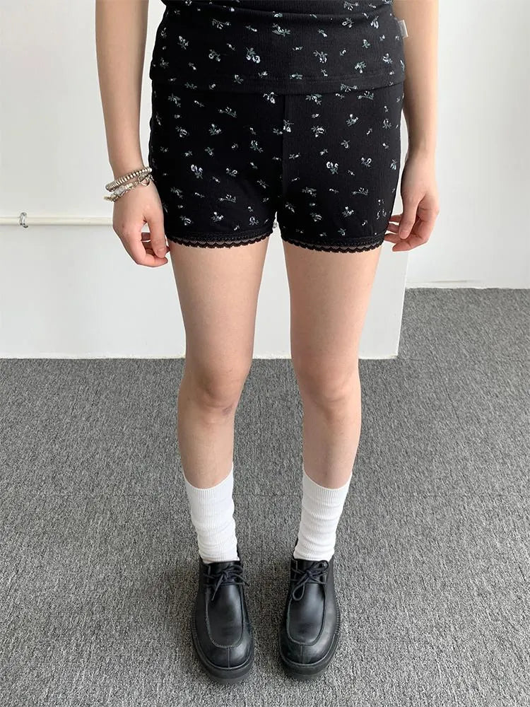 Black Floral Shorts Lace Loungewear Stretchy Hot Pants