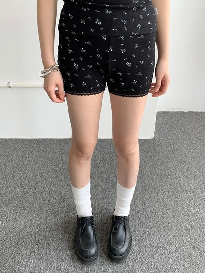 Black Floral Shorts Lace Loungewear Stretchy Hot Pants