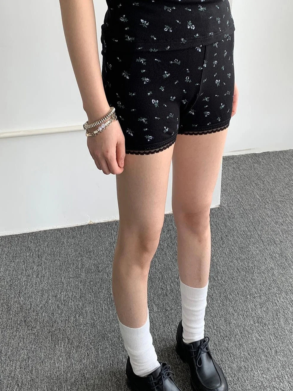 Black Floral Shorts Lace Loungewear Stretchy Hot Pants
