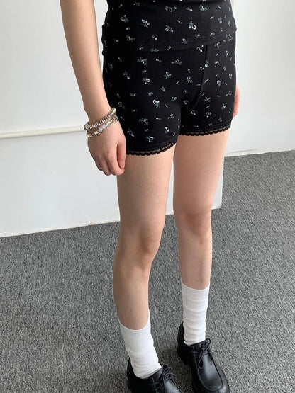 Black Floral Shorts Lace Loungewear Stretchy Hot Pants