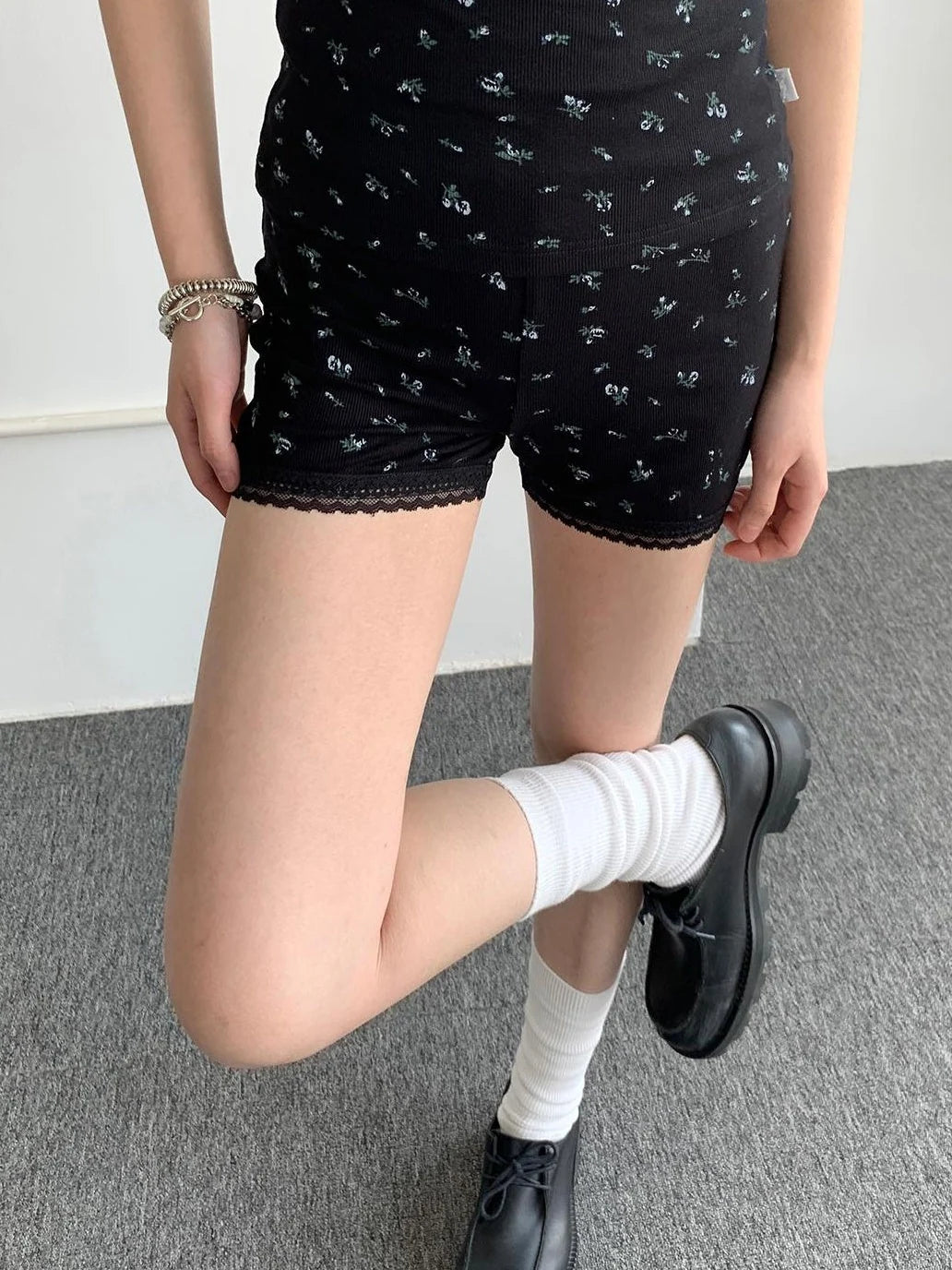 Black Floral Shorts Lace Loungewear Stretchy Hot Pants
