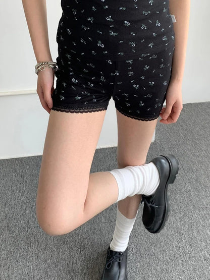 Black Floral Shorts Lace Loungewear Stretchy Hot Pants