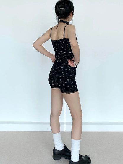 Black Floral Shorts Lace Loungewear Stretchy Hot Pants