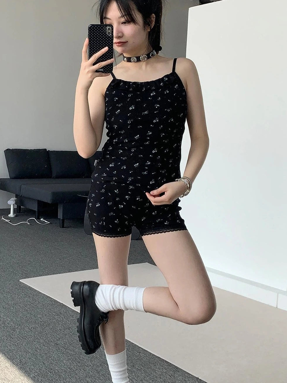 Black Floral Shorts Lace Loungewear Stretchy Hot Pants