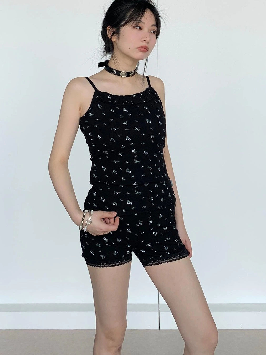 Black Floral Shorts Lace Loungewear Stretchy Hot Pants