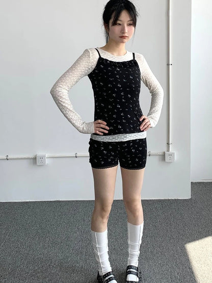 Black Floral Shorts Lace Loungewear Stretchy Hot Pants