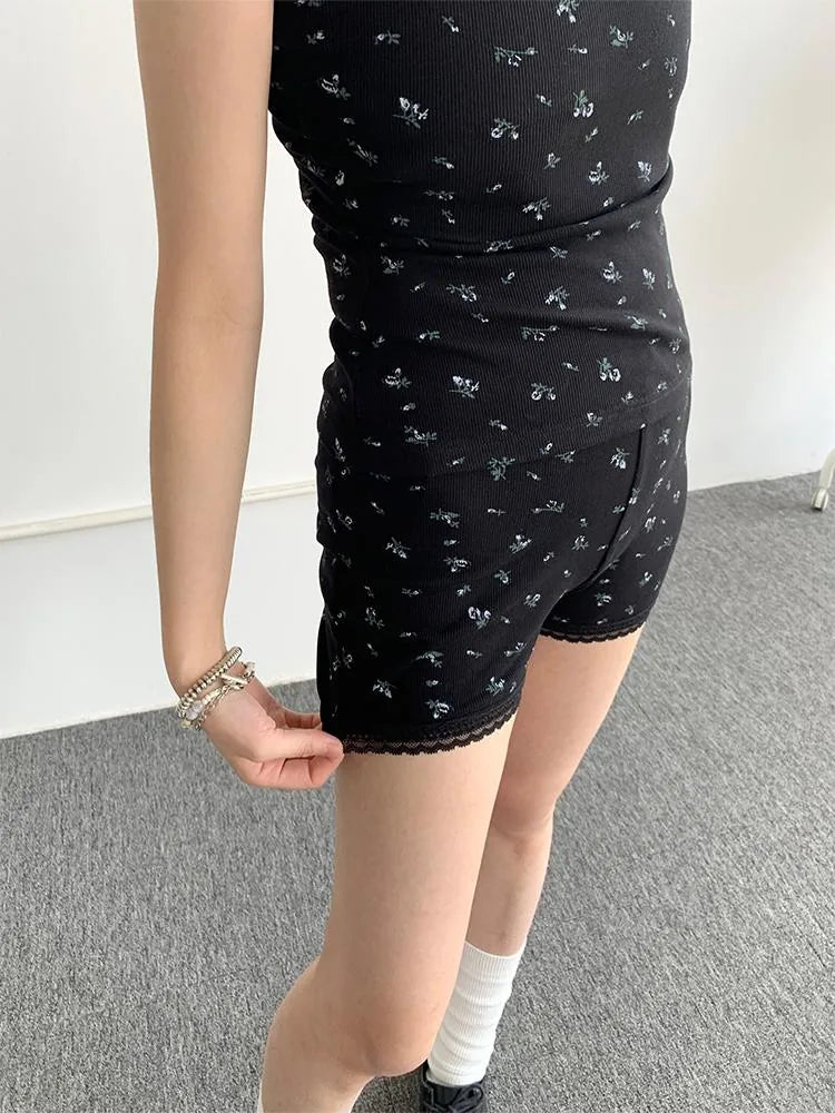 Black Floral Shorts Lace Loungewear Stretchy Hot Pants