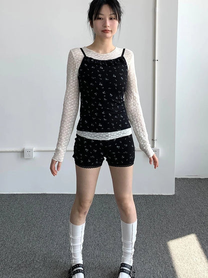 Black Floral Shorts Lace Loungewear Stretchy Hot Pants