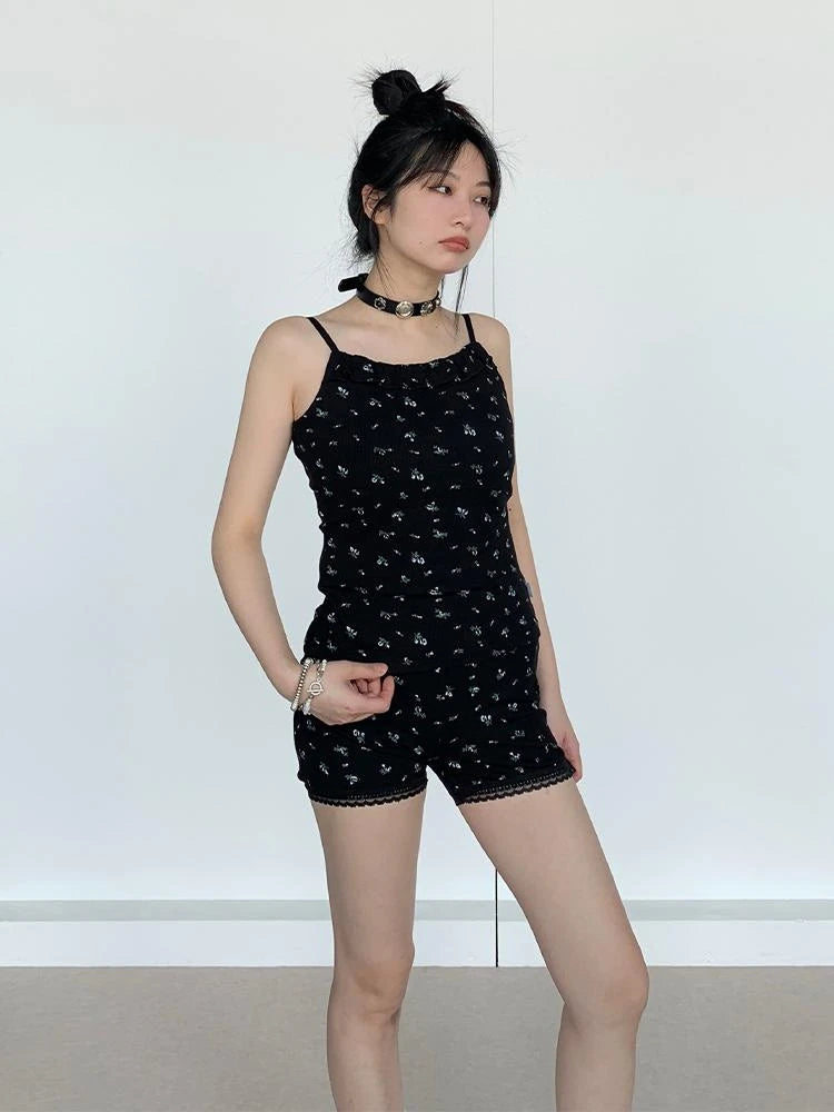 Black Floral Shorts Lace Loungewear Stretchy Hot Pants