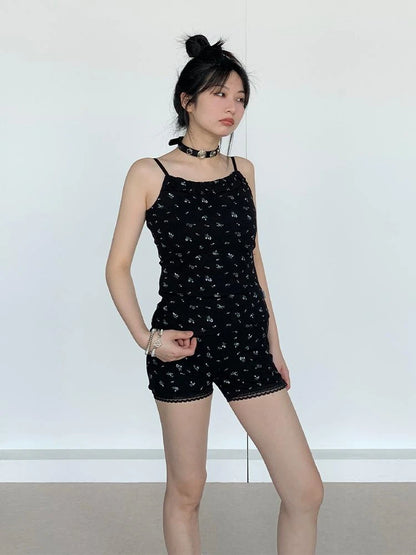 Black Floral Shorts Lace Loungewear Stretchy Hot Pants