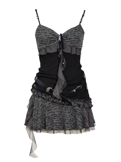 Seafoam Lace Up Ruffle Hem Slip Dress V Neck