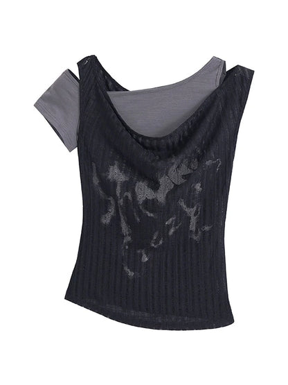 Punk Graffiti Print Tee Asymmetric Vest Layered Top