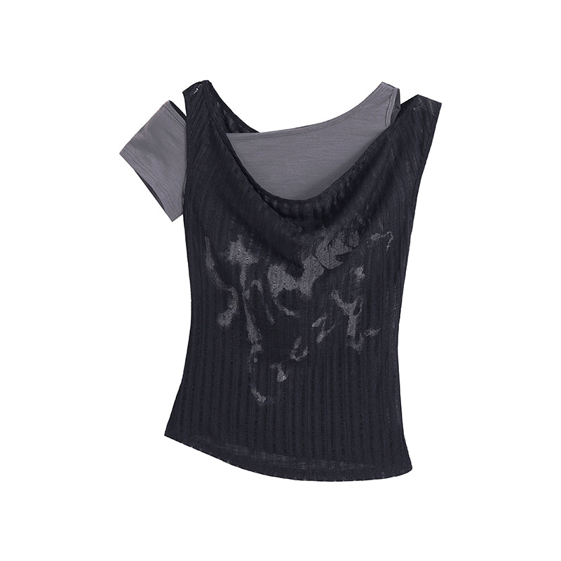 Cest Nous Punk Graffiti Print Tee Asymmetric Vest Layered Top
