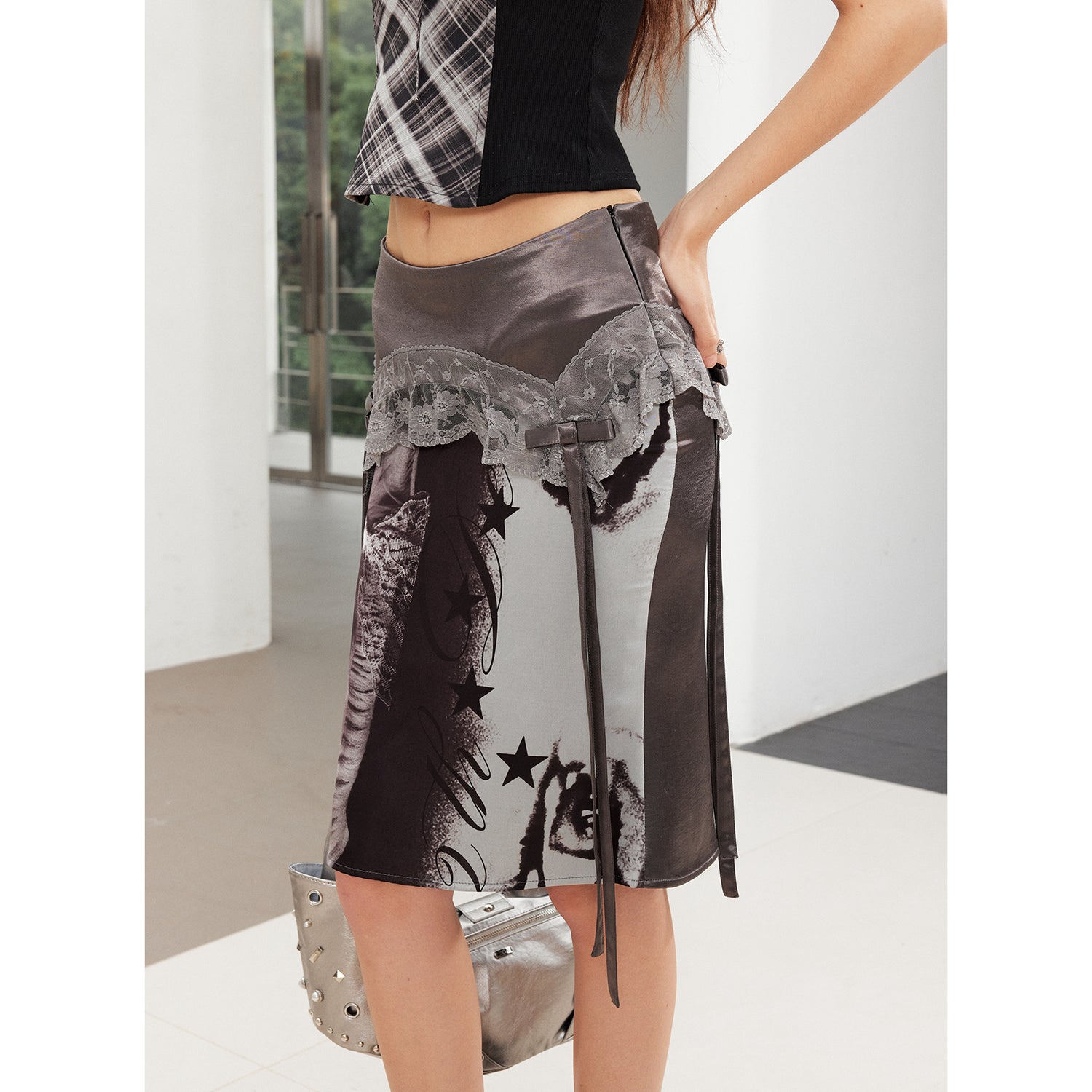 2th Desire Punk Graffiti Polka Dot Floral Lace Bow Mermaid Midi Skirt