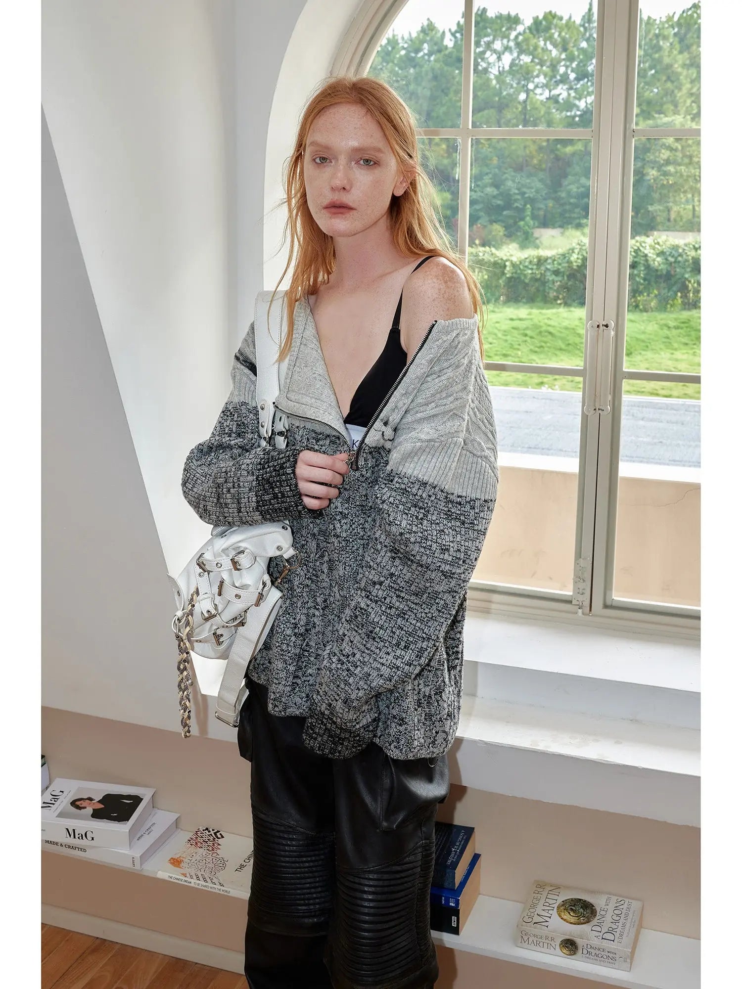 Vintage Abstract Print Oversized Zip Up Sweater