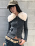 ang project Detachable Faux Fur Collar Stretch Knit Zipper Sweater Coat