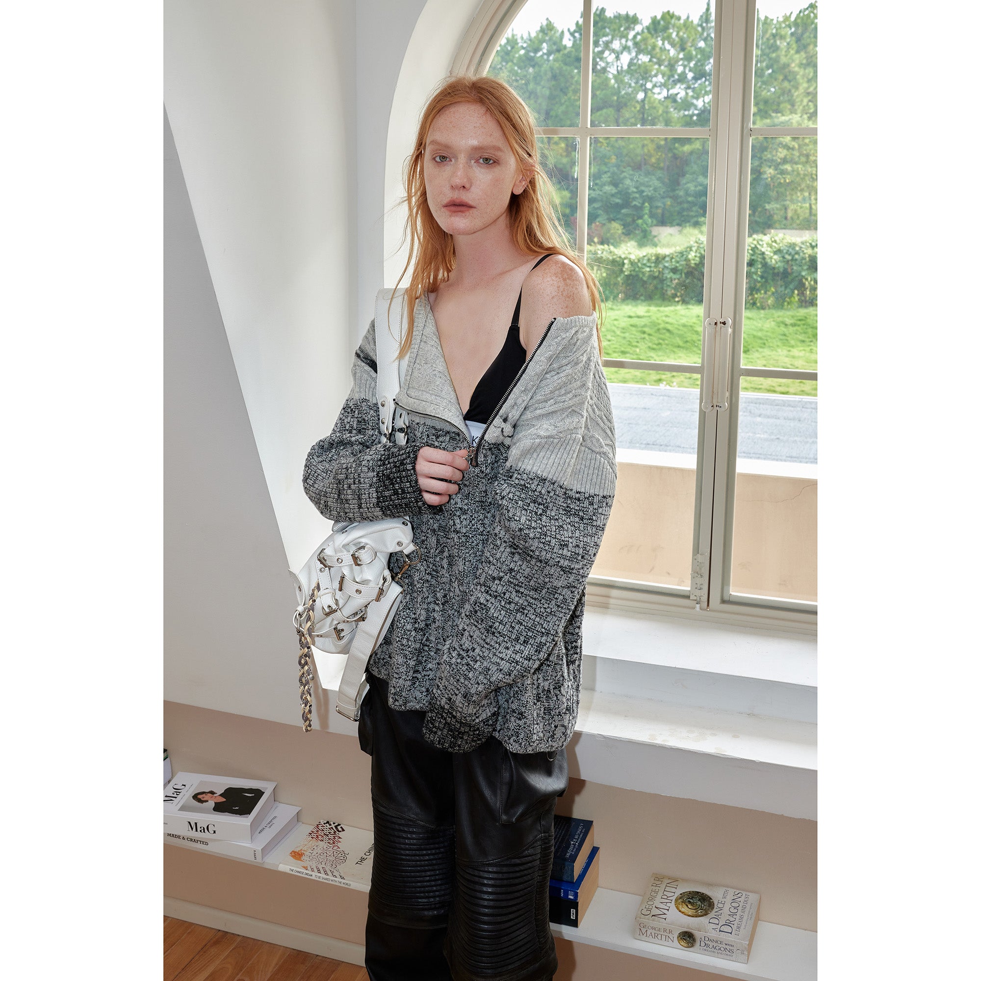 2th Desire Vintage Abstract Print Oversized Zip Up Sweater