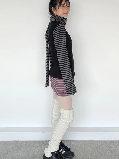 Black Gray Striped Thermal Slim Fit Long Sleeve T-Shirt