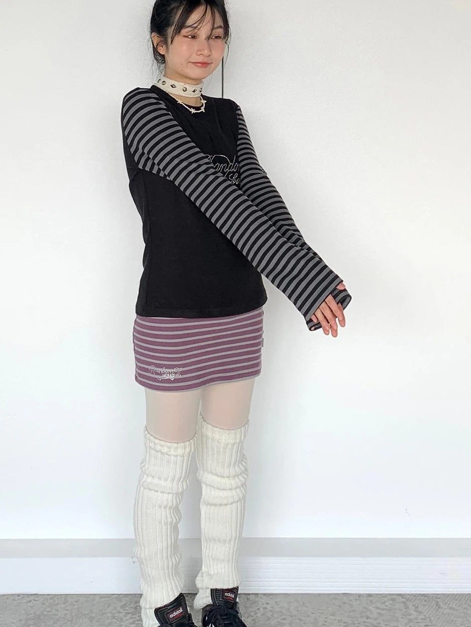 Black Gray Striped Thermal Slim Fit Long Sleeve T-Shirt