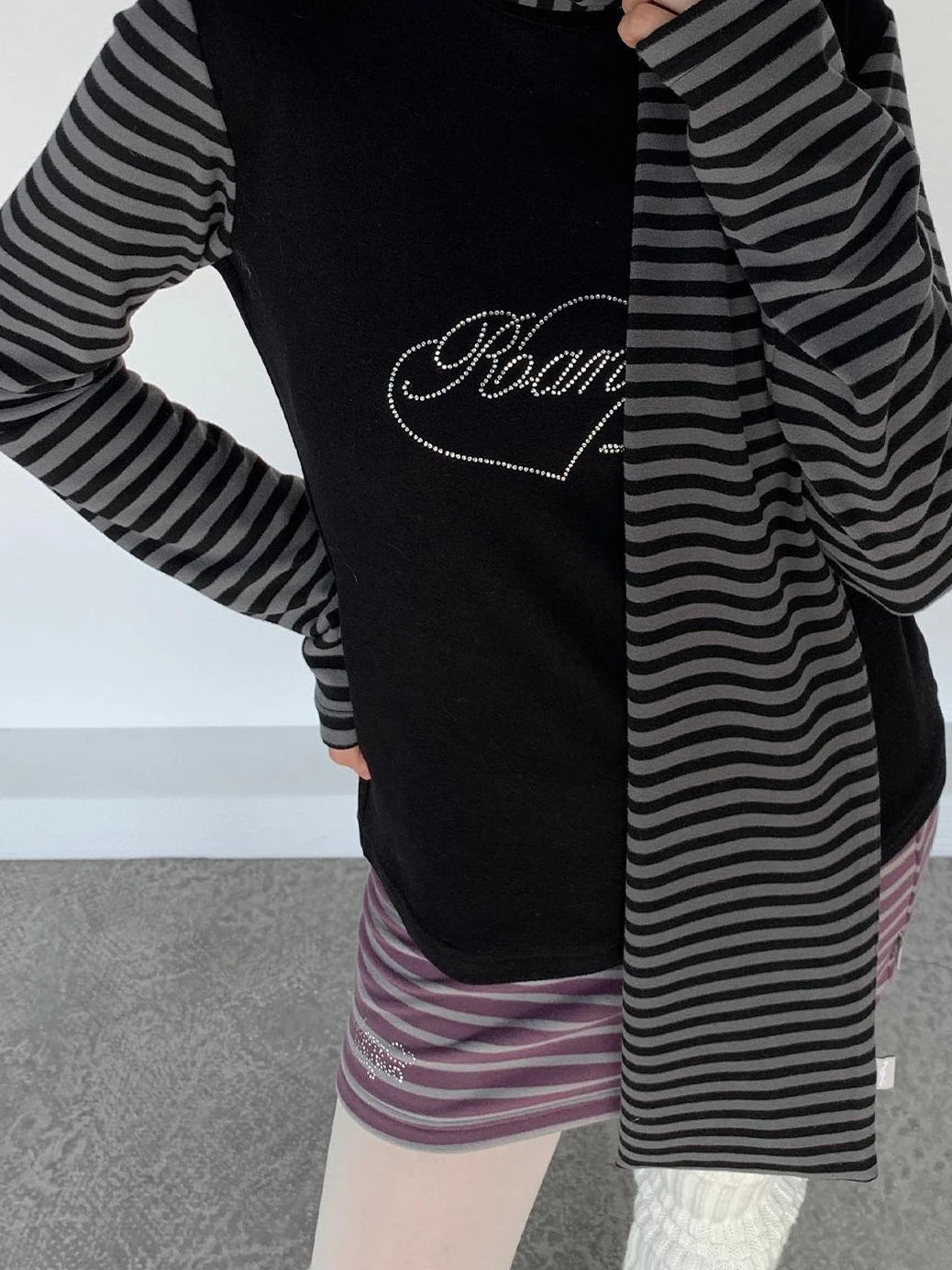 Black Gray Striped Thermal Slim Fit Long Sleeve T-Shirt