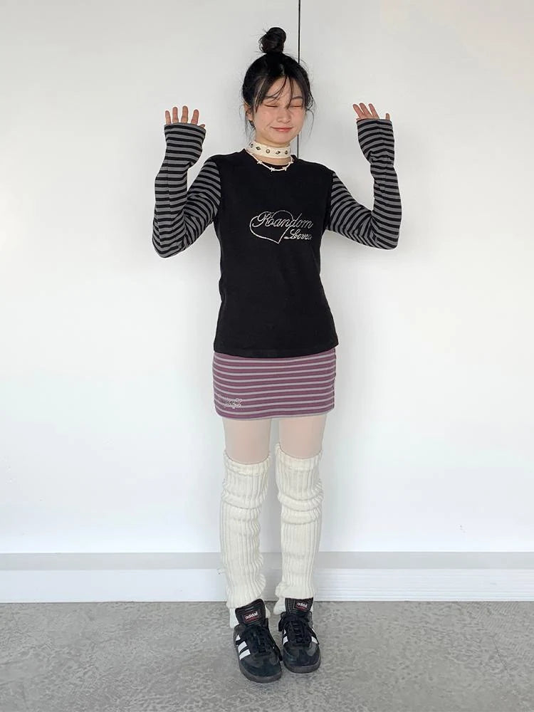 Black Gray Striped Thermal Slim Fit Long Sleeve T-Shirt