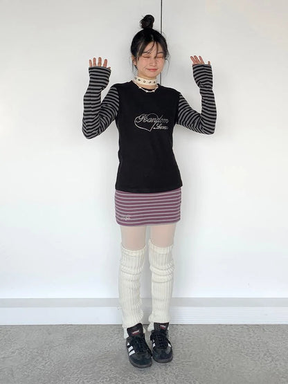 Black Gray Striped Thermal Slim Fit Long Sleeve T-Shirt