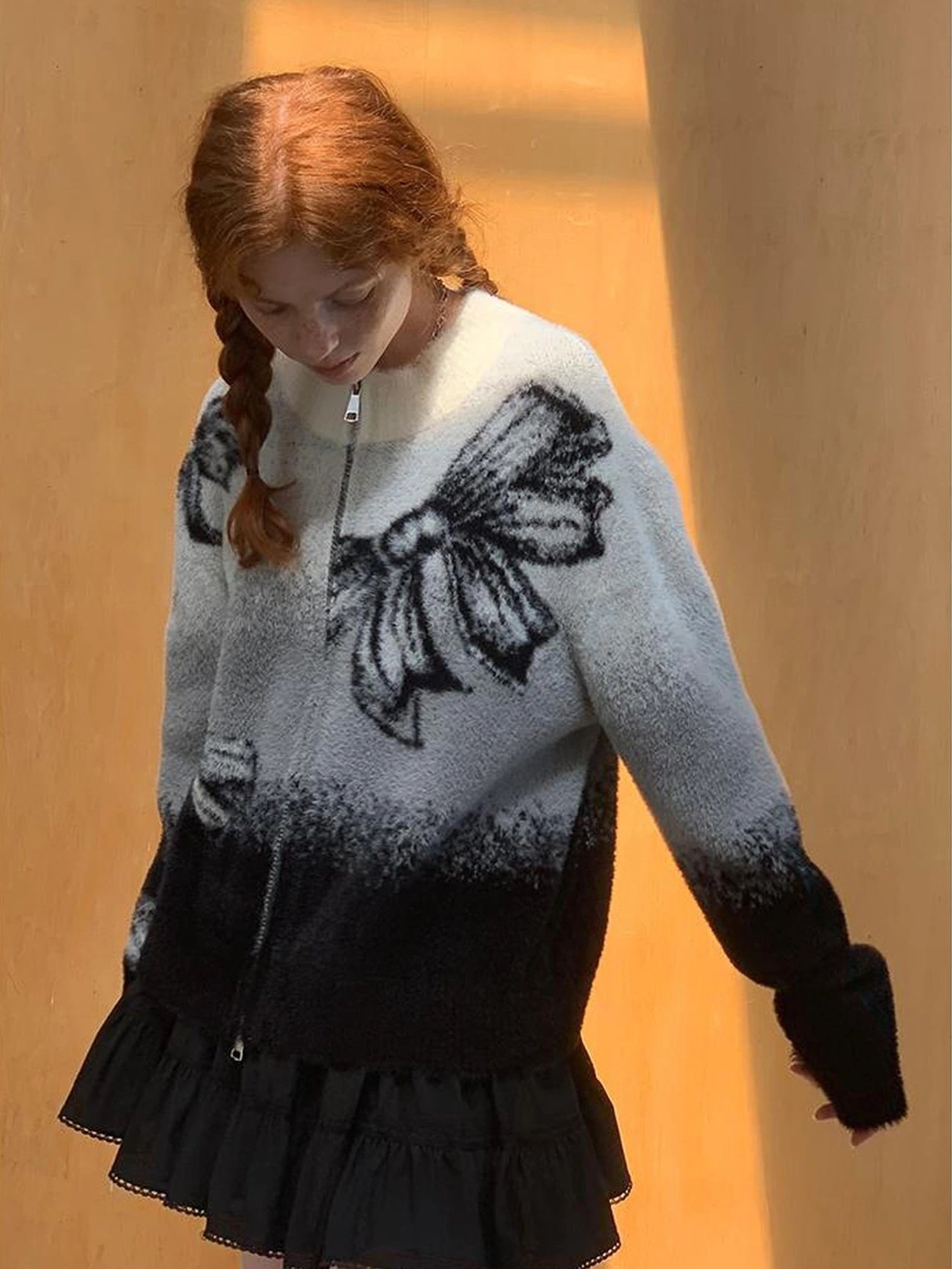 Black Grey Gradient Bow Knit Cardigan