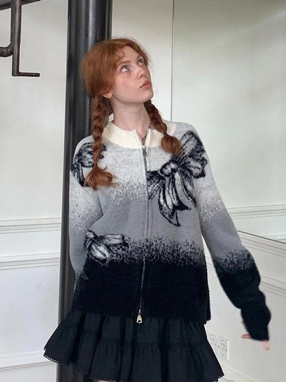 Black Grey Gradient Bow Knit Cardigan