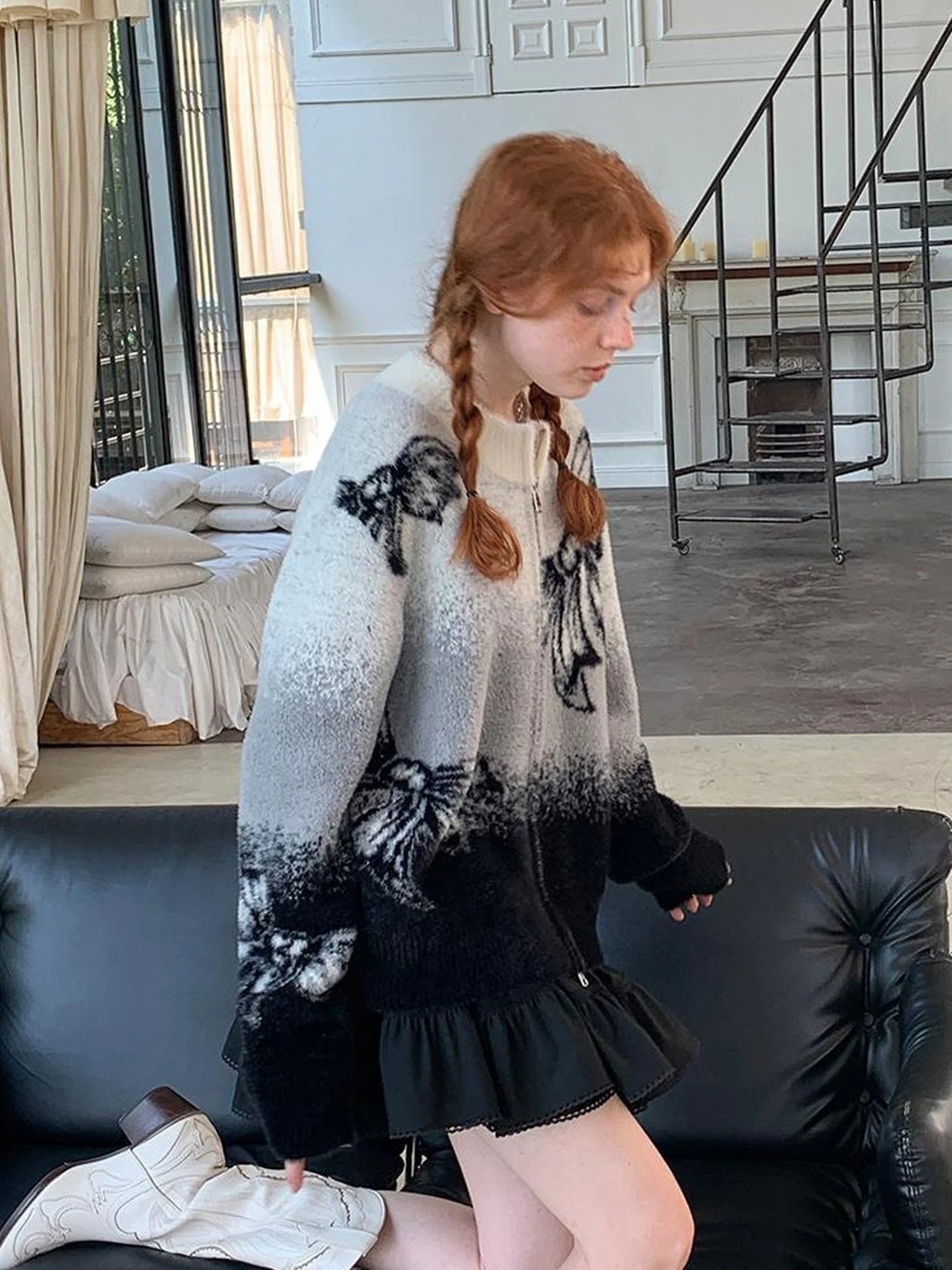 Black Grey Gradient Bow Knit Cardigan