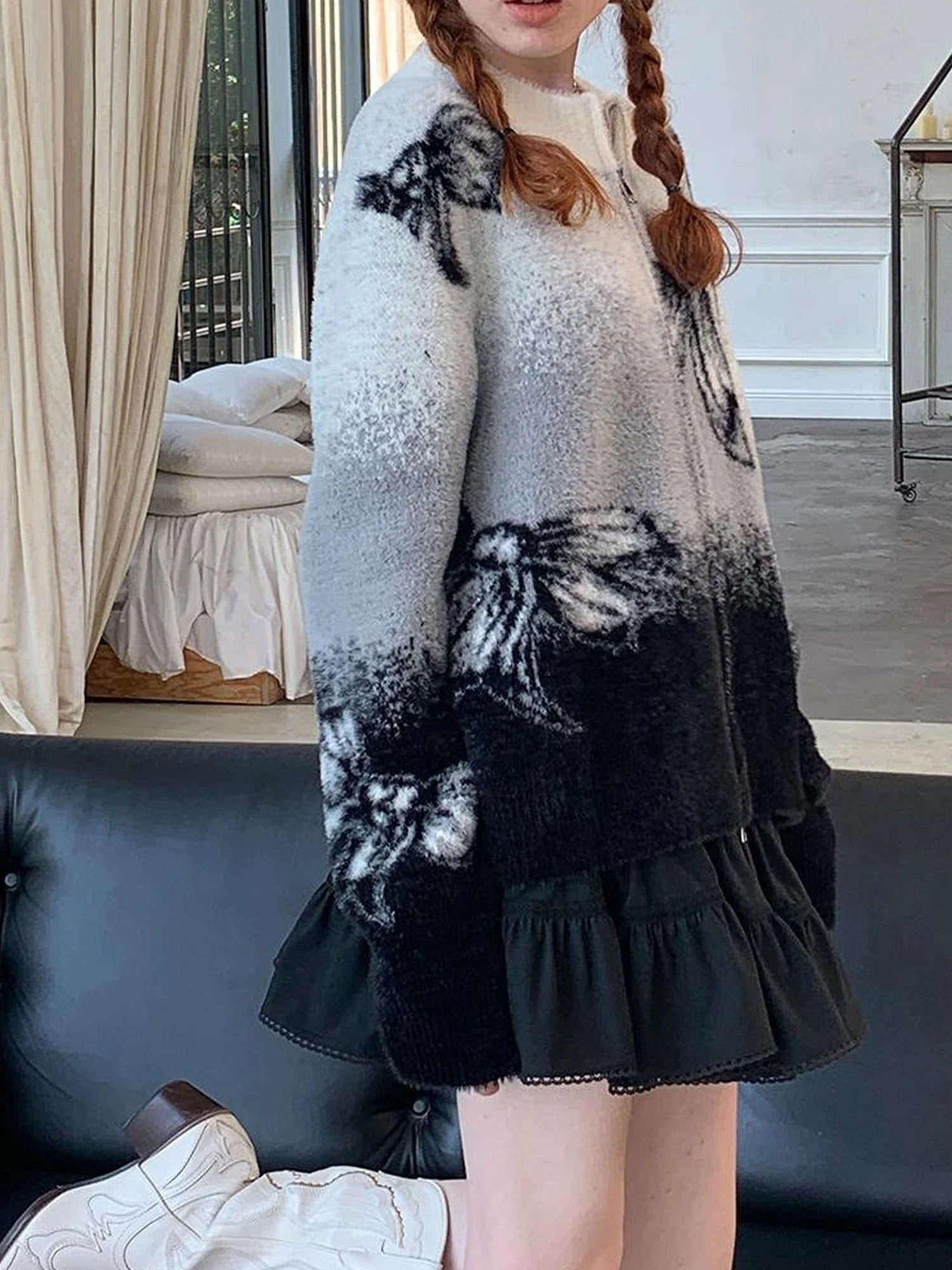 Black Grey Gradient Bow Knit Cardigan