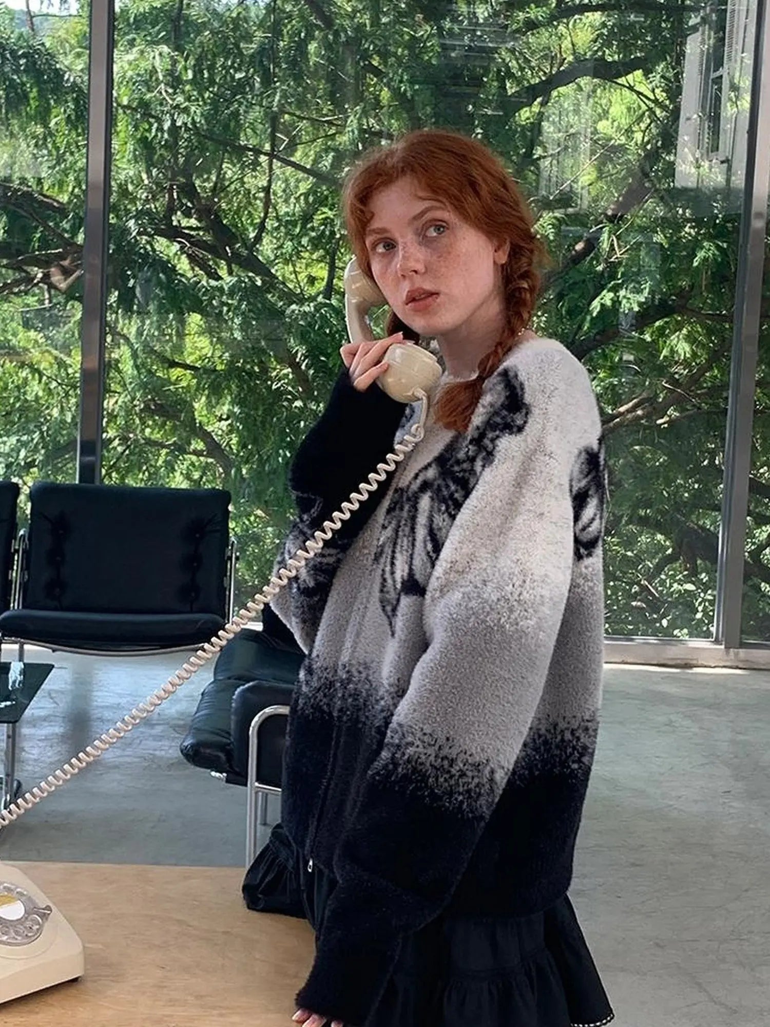 Black Grey Gradient Bow Knit Cardigan