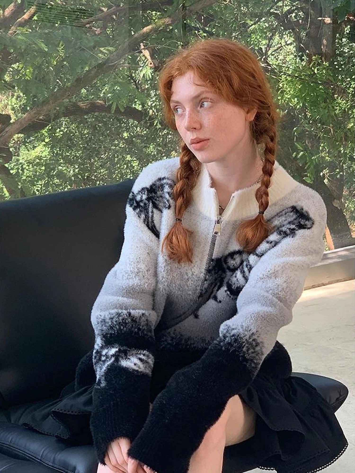 Black Grey Gradient Bow Knit Cardigan