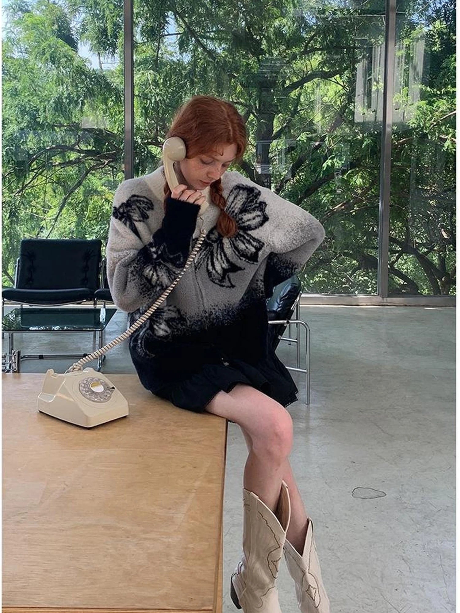 Black Grey Gradient Bow Knit Cardigan